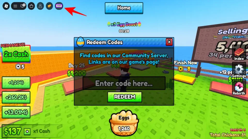 Chicken Farm Redeem Codes dialog and the Codes button in the top-left game interface